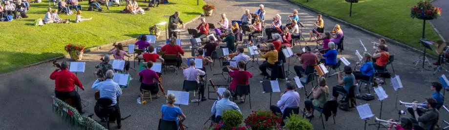 A view of the orchestra on a sunny evening for the 2021 concert at the castle